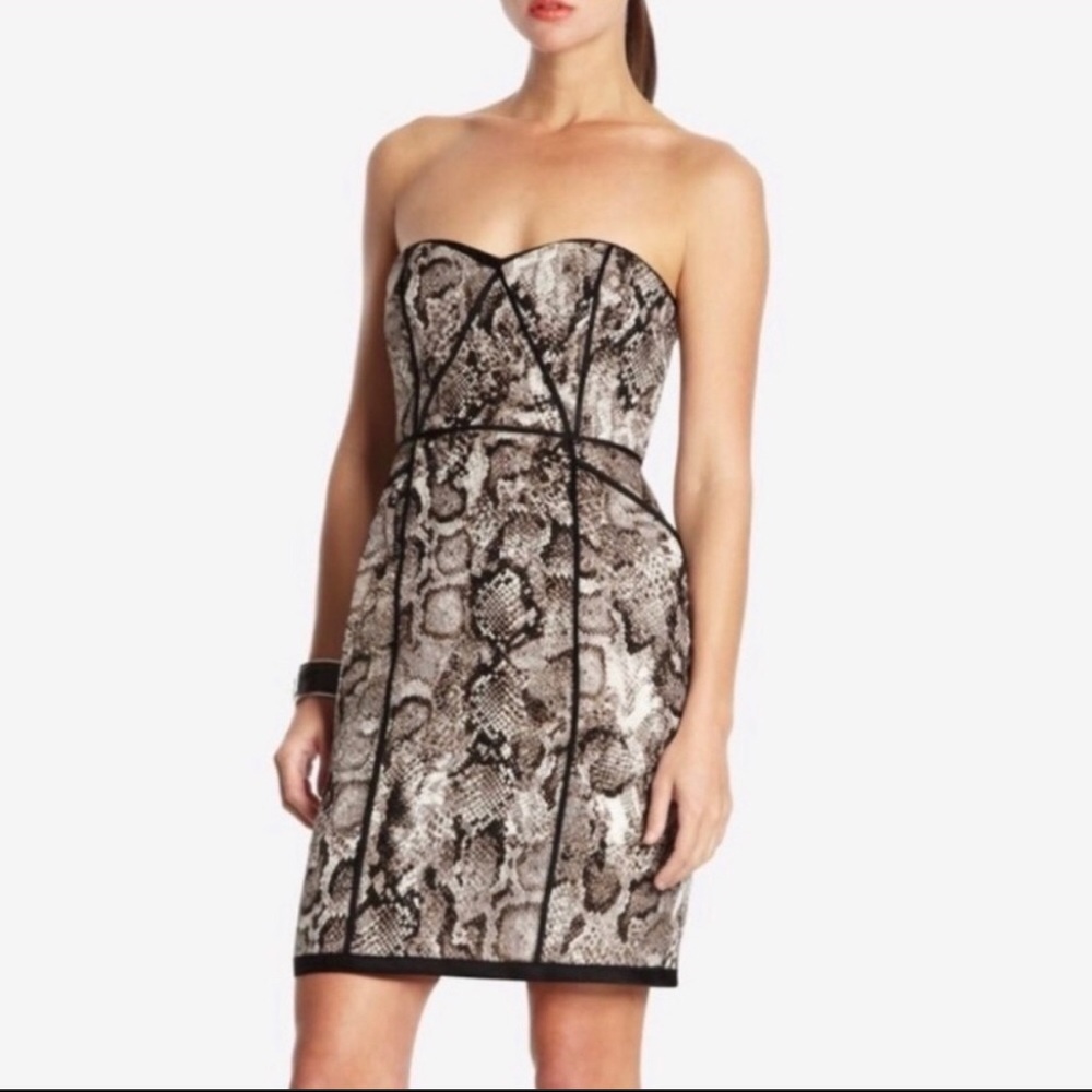 Bcbg strapless snakeskin pattern fitted dress